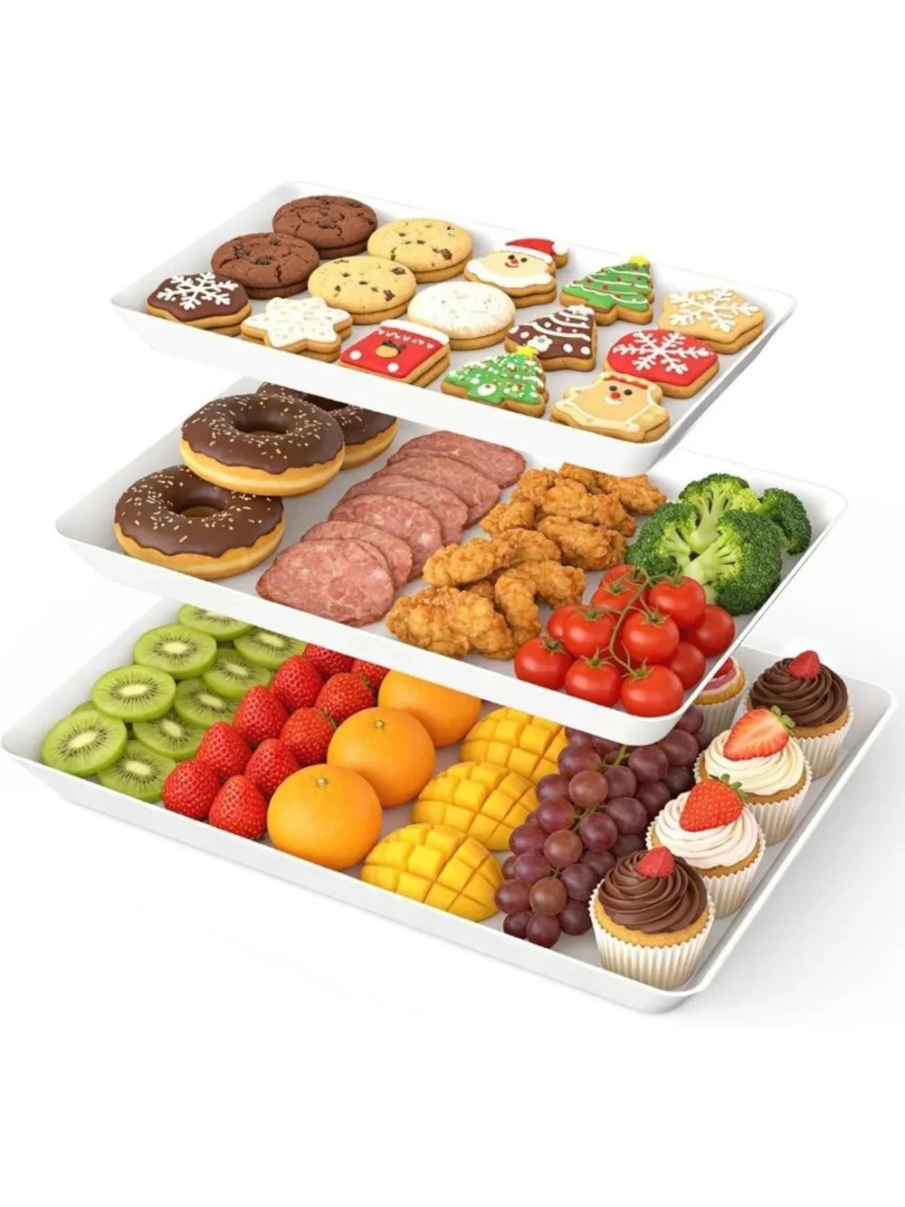 3 Pack White Rectangular Serving Trays - Large Reusable Platters for Party